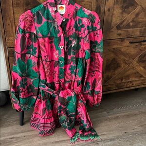 FARM Rio Pink and Green Floral Long Sleeve Dress